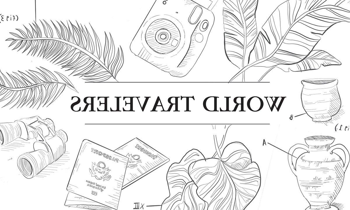 Illustration of leaves, camera and pottery with words "World Traveler"